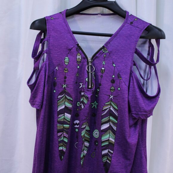 Elegant Purple Cold Shoulder Blouse with Feather Accents - Picture 6 of 10